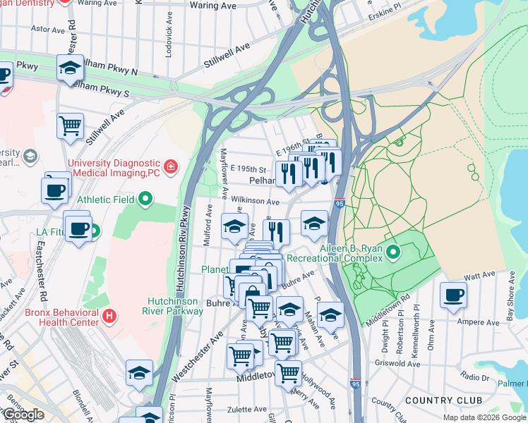 map of restaurants, bars, coffee shops, grocery stores, and more near 1957 Hobart Avenue in Bronx