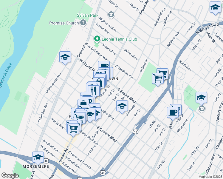 map of restaurants, bars, coffee shops, grocery stores, and more near 466 1st Street in Palisades Park