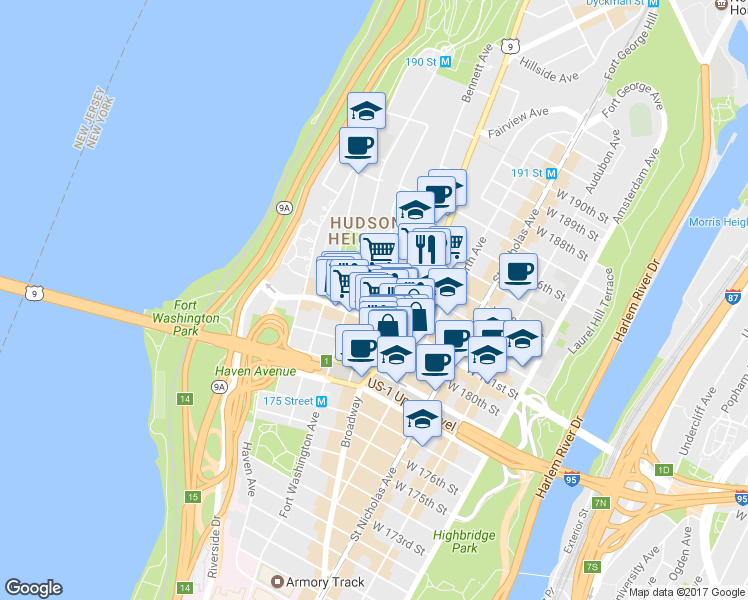 map of restaurants, bars, coffee shops, grocery stores, and more near 10 Colonel Robert Magaw Pl in New York