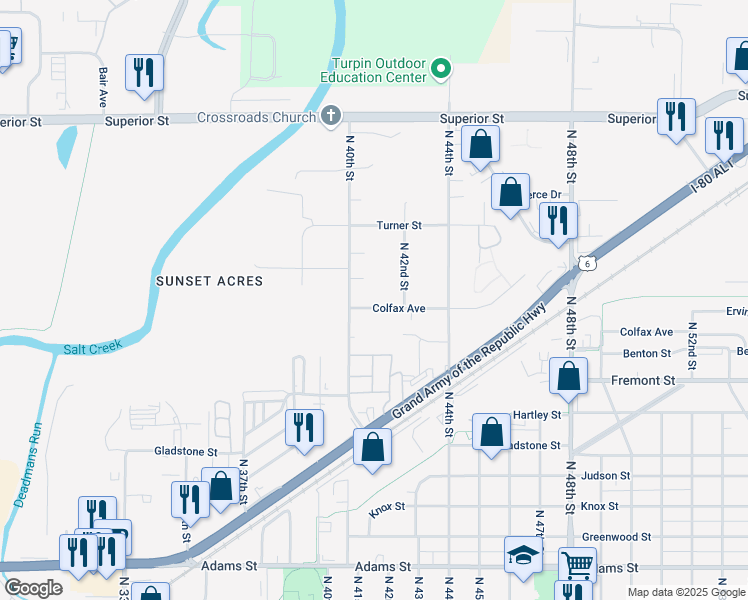 map of restaurants, bars, coffee shops, grocery stores, and more near 4130 Colfax Avenue in Lincoln
