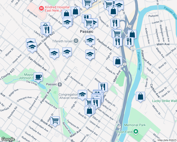 map of restaurants, bars, coffee shops, grocery stores, and more near 199-231 Pennington Avenue in Passaic