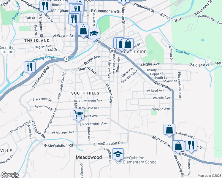 map of restaurants, bars, coffee shops, grocery stores, and more near 415 Morton Avenue in Butler