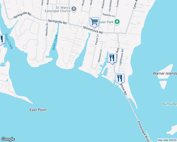 map of restaurants, bars, coffee shops, grocery stores, and more near 42 Penny Lane in Hampton Bays