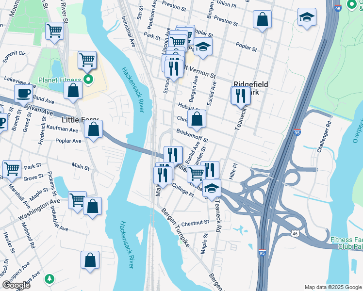 map of restaurants, bars, coffee shops, grocery stores, and more near 103 Ridgefield Avenue in Ridgefield Park