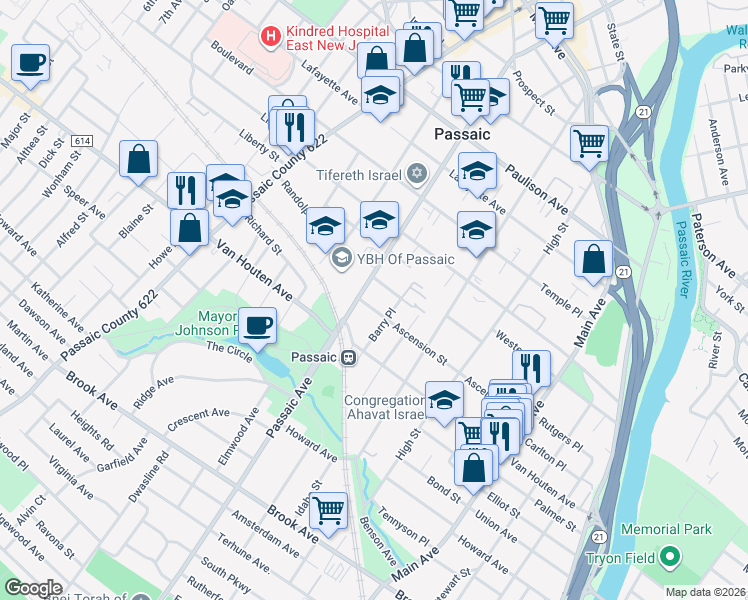 map of restaurants, bars, coffee shops, grocery stores, and more near 170 Ascension Street in Passaic