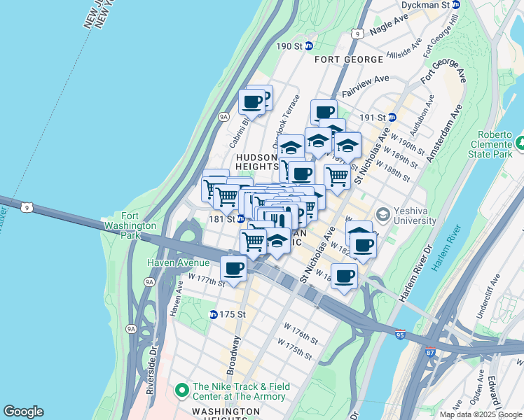 map of restaurants, bars, coffee shops, grocery stores, and more near 728 West 181st Street in New York