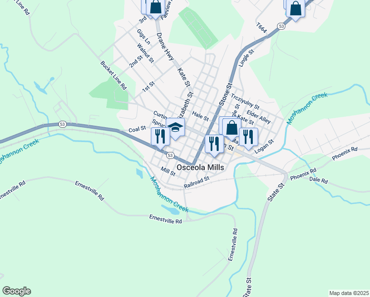 map of restaurants, bars, coffee shops, grocery stores, and more near Decatur Alley in Osceola Mills