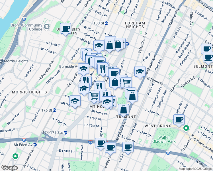 map of restaurants, bars, coffee shops, grocery stores, and more near 225 East 179th Street in Bronx