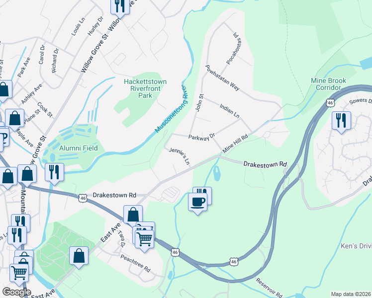 map of restaurants, bars, coffee shops, grocery stores, and more near 6 Jennie's Lane in Hackettstown