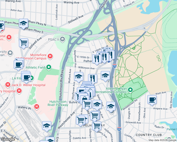 map of restaurants, bars, coffee shops, grocery stores, and more near 1965 Hobart Avenue in Bronx