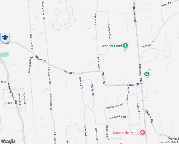 map of restaurants, bars, coffee shops, grocery stores, and more near 45 South Street in Manorville
