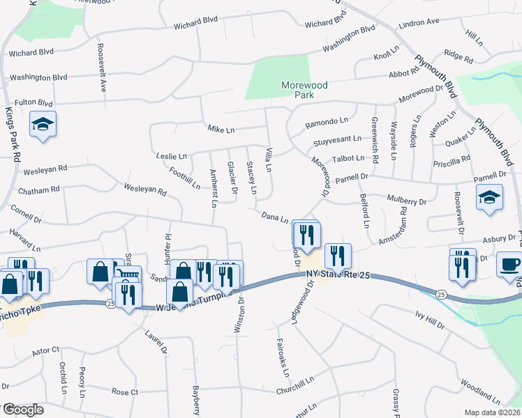 map of restaurants, bars, coffee shops, grocery stores, and more near 22 Dana Lane in Smithtown