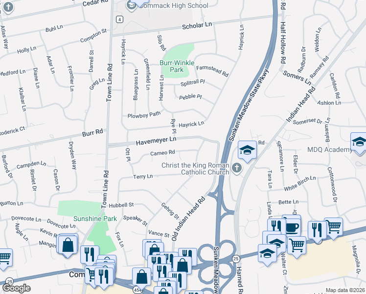 map of restaurants, bars, coffee shops, grocery stores, and more near 32 Cameo Road in Commack
