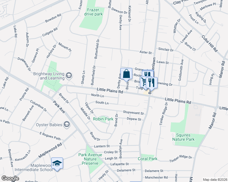 map of restaurants, bars, coffee shops, grocery stores, and more near 39 North Lane in Huntington