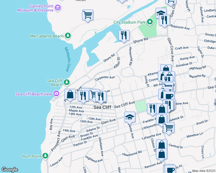 map of restaurants, bars, coffee shops, grocery stores, and more near 4 Main Avenue in Sea Cliff
