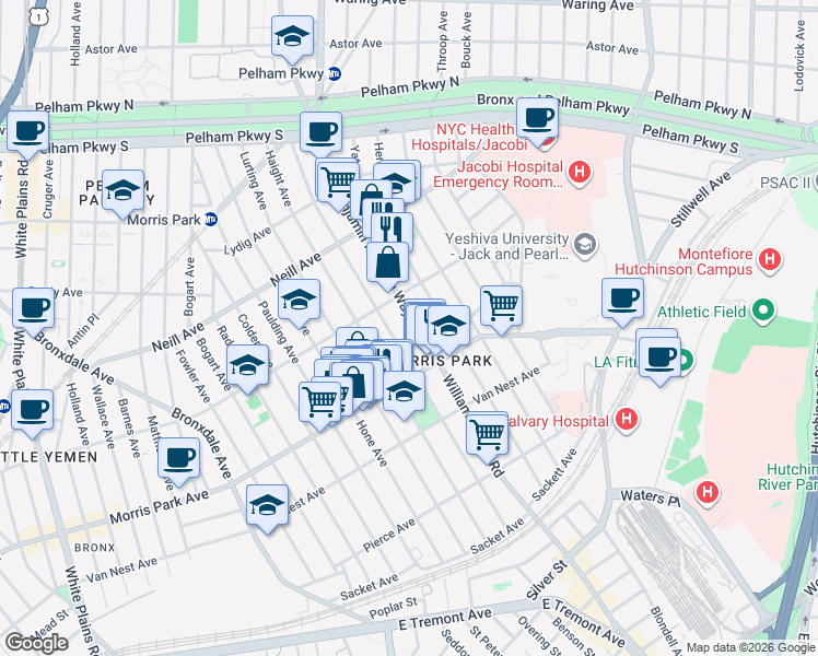 map of restaurants, bars, coffee shops, grocery stores, and more near 1833 Williamsbridge Road in Bronx