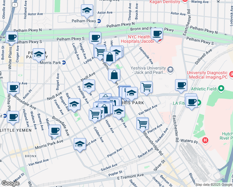 map of restaurants, bars, coffee shops, grocery stores, and more near 1833 Williamsbridge Road in Bronx