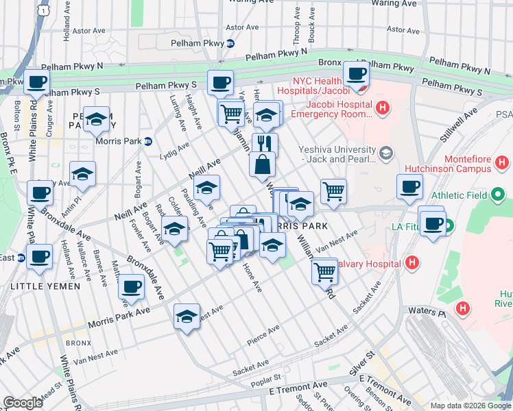 map of restaurants, bars, coffee shops, grocery stores, and more near 1854 Haight Avenue in Bronx
