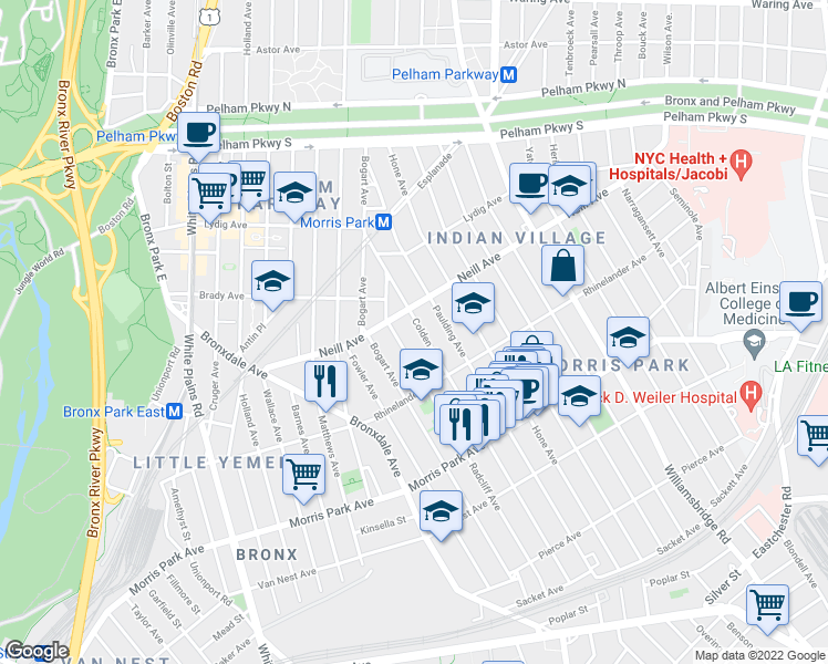 map of restaurants, bars, coffee shops, grocery stores, and more near 1938 Colden Avenue in Bronx