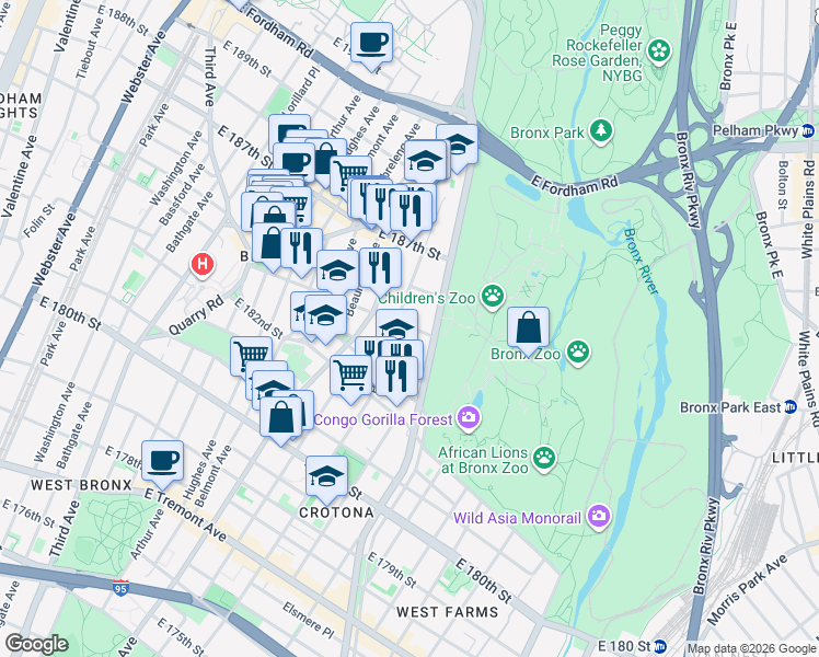 map of restaurants, bars, coffee shops, grocery stores, and more near in The Bronx