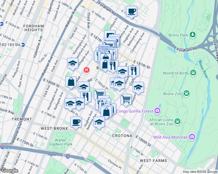 map of restaurants, bars, coffee shops, grocery stores, and more near 2183 Belmont Avenue in Bronx