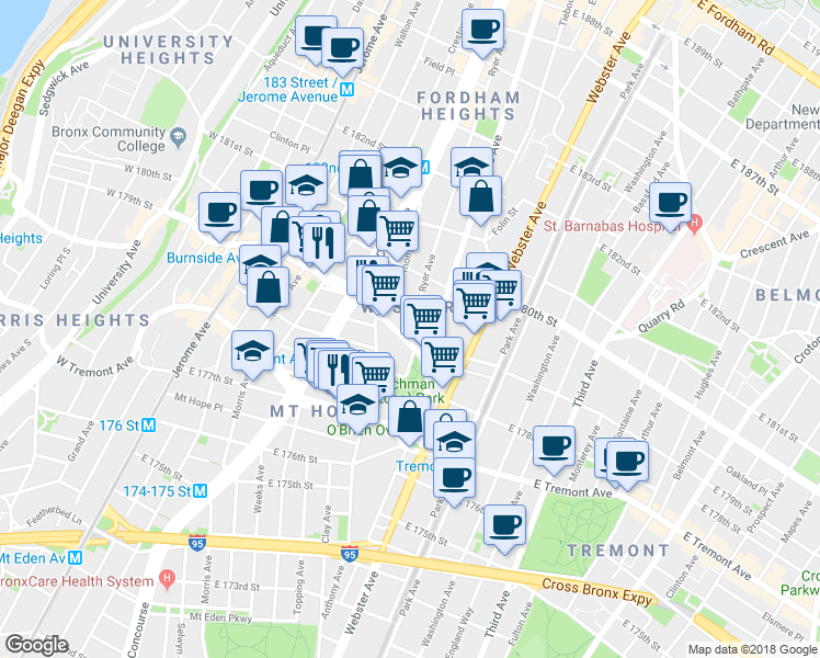map of restaurants, bars, coffee shops, grocery stores, and more near 270 East Burnside Avenue in Bronx