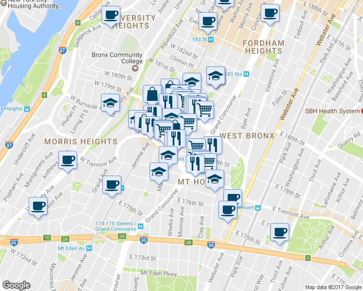 map of restaurants, bars, coffee shops, grocery stores, and more near 1985 Creston Avenue in Bronx