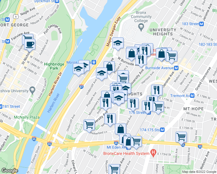 map of restaurants, bars, coffee shops, grocery stores, and more near 1741 Andrews Avenue South in Bronx