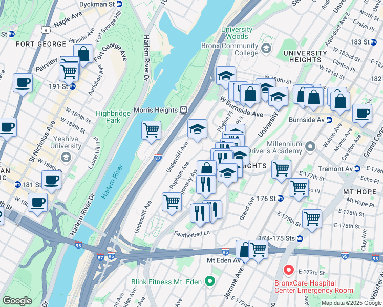 map of restaurants, bars, coffee shops, grocery stores, and more near 1764 Popham Avenue in Bronx