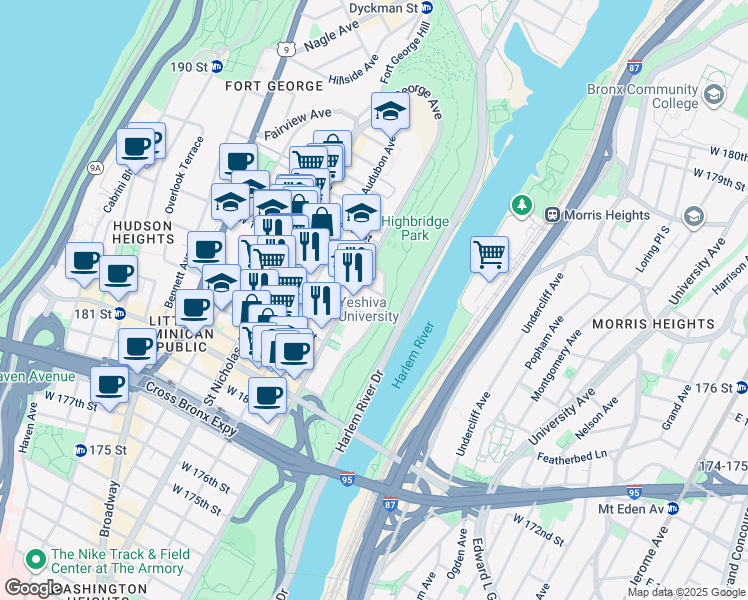 map of restaurants, bars, coffee shops, grocery stores, and more near 100 Laurel Hill Terrace in New York