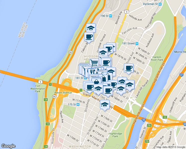 map of restaurants, bars, coffee shops, grocery stores, and more near 728 West 181st Street in New York