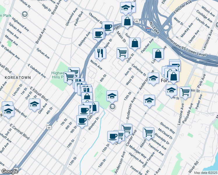 map of restaurants, bars, coffee shops, grocery stores, and more near 1503-1505 10th Street in Fort Lee