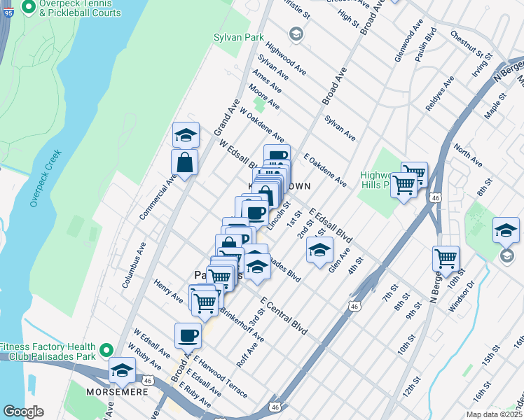 map of restaurants, bars, coffee shops, grocery stores, and more near 435 Lincoln Street in Palisades Park