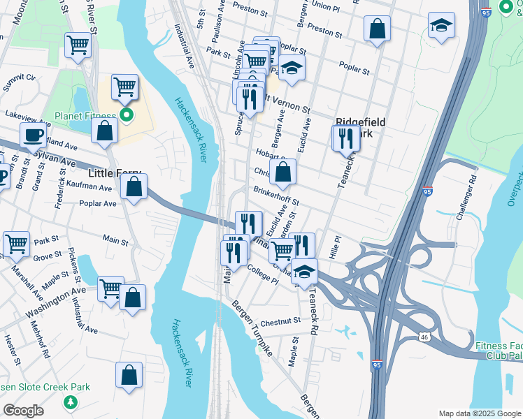 map of restaurants, bars, coffee shops, grocery stores, and more near 103 Ridgefield Avenue in Ridgefield Park