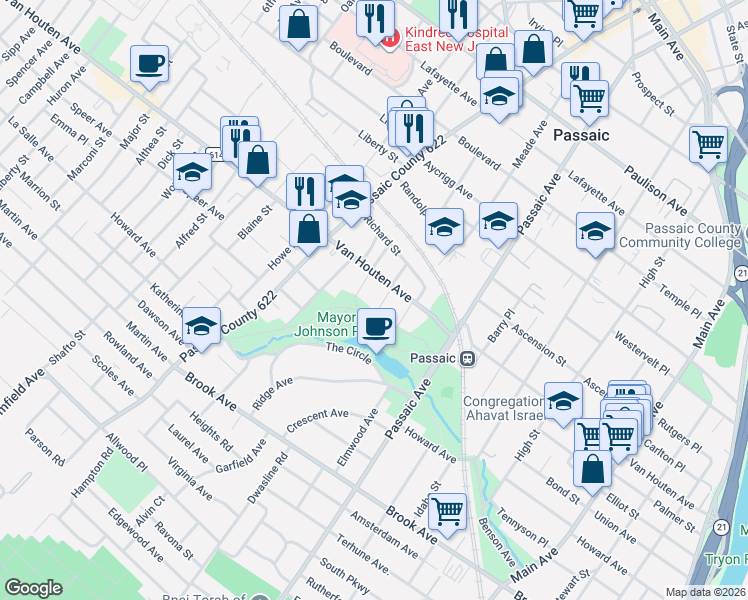 map of restaurants, bars, coffee shops, grocery stores, and more near 155 Albion Street in Passaic