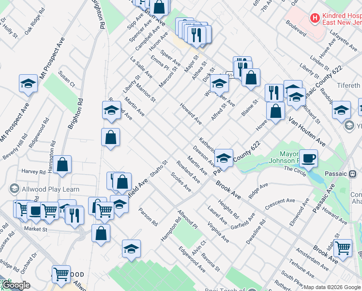 map of restaurants, bars, coffee shops, grocery stores, and more near 83 Martin Avenue in Clifton