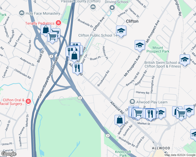map of restaurants, bars, coffee shops, grocery stores, and more near 30 Brookwood Road in Clifton