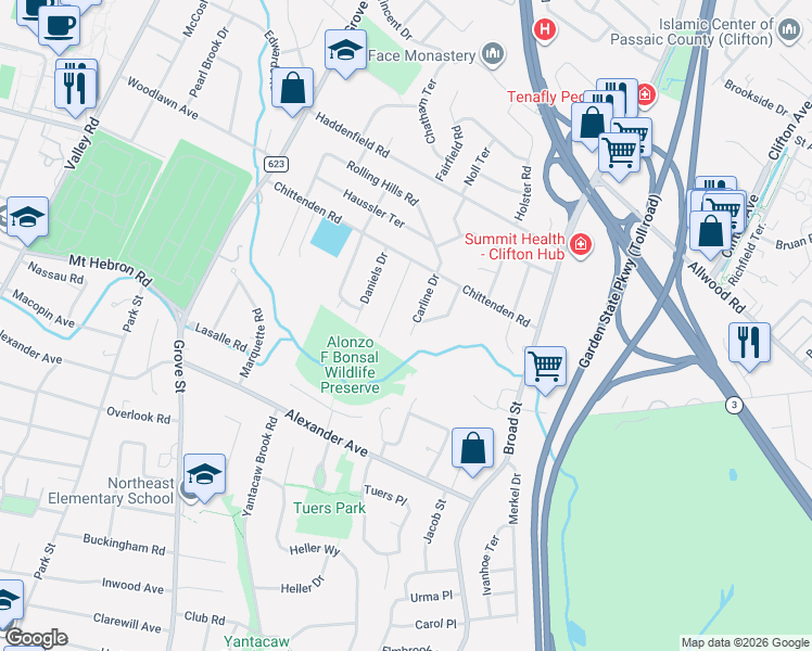 map of restaurants, bars, coffee shops, grocery stores, and more near 64 Carline Drive in Clifton