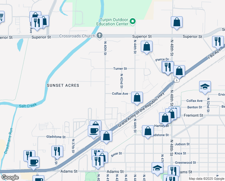 map of restaurants, bars, coffee shops, grocery stores, and more near 4130 Colfax Avenue in Lincoln