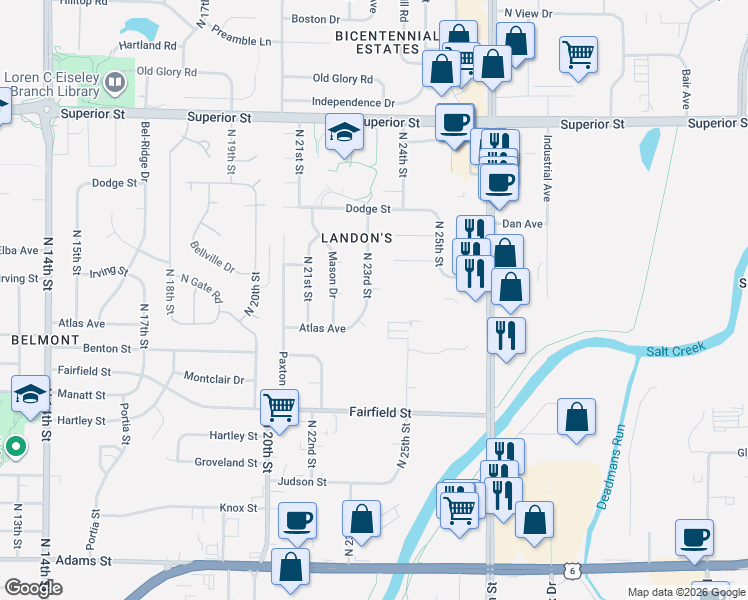map of restaurants, bars, coffee shops, grocery stores, and more near 3920 North 23rd Street in Lincoln