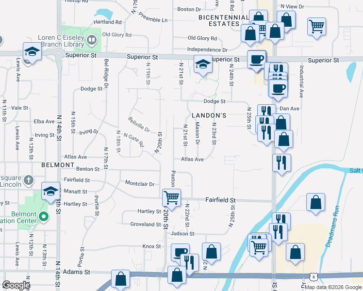 map of restaurants, bars, coffee shops, grocery stores, and more near 3931 North 21st Street in Lincoln