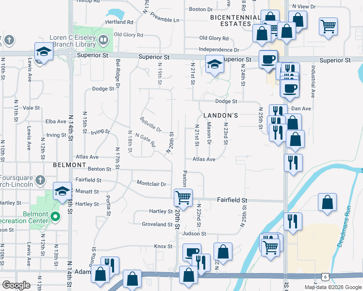 map of restaurants, bars, coffee shops, grocery stores, and more near 3931 Paxton Drive in Lincoln