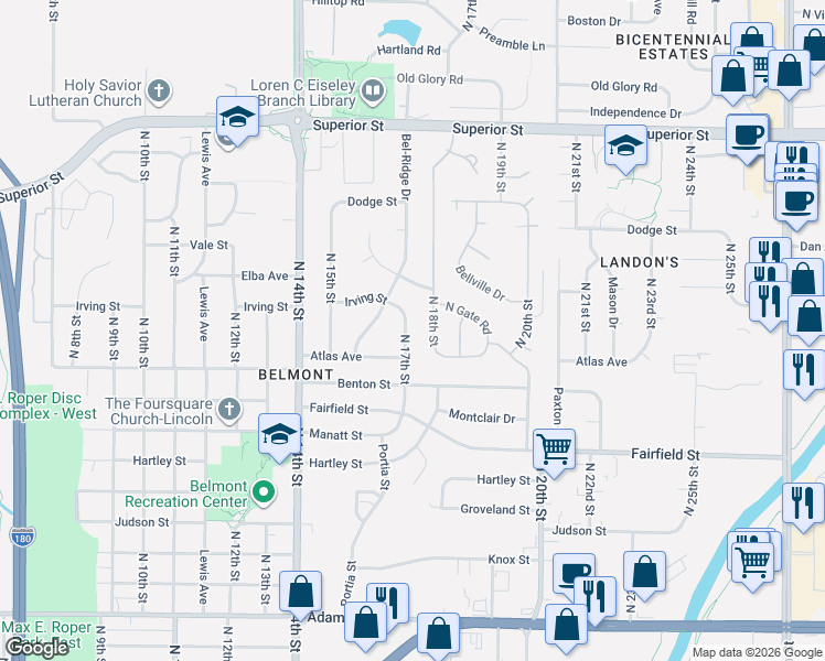 map of restaurants, bars, coffee shops, grocery stores, and more near 3939 North 18th Street in Lincoln