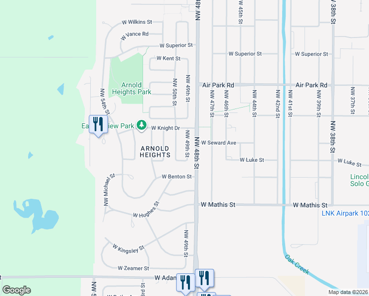 map of restaurants, bars, coffee shops, grocery stores, and more near 3718 Northwest 50th Street in Lincoln