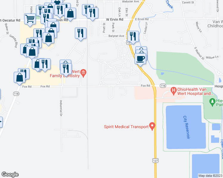 map of restaurants, bars, coffee shops, grocery stores, and more near 160 Fox Road in Van Wert