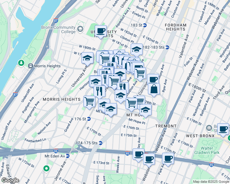 map of restaurants, bars, coffee shops, grocery stores, and more near in The Bronx