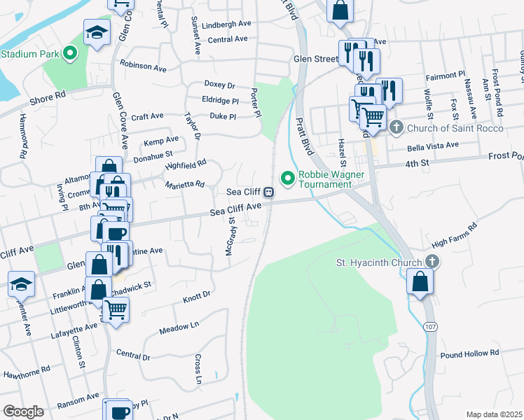 map of restaurants, bars, coffee shops, grocery stores, and more near 65 Sea Cliff Avenue in Glen Cove