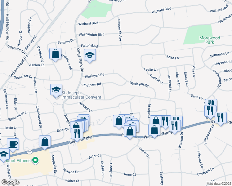 map of restaurants, bars, coffee shops, grocery stores, and more near 119 Cornell Drive in Commack