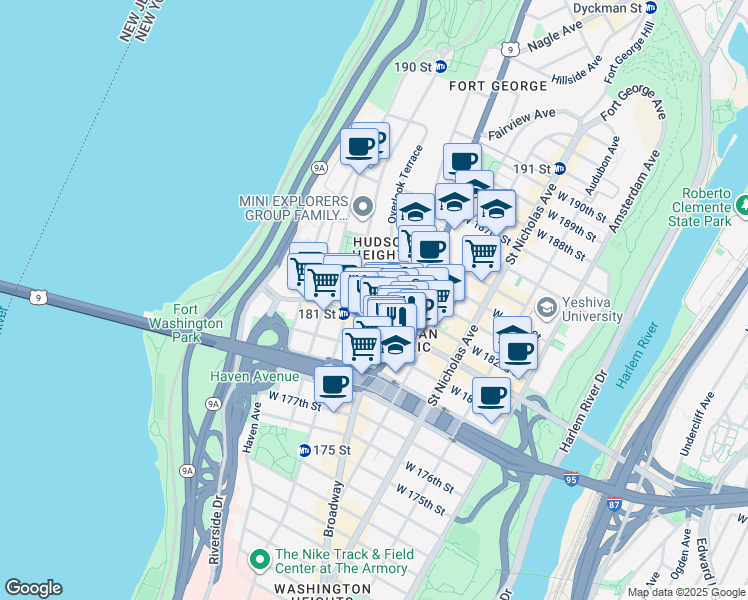 map of restaurants, bars, coffee shops, grocery stores, and more near Magaw Place in New York