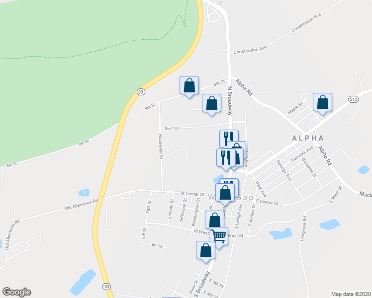 map of restaurants, bars, coffee shops, grocery stores, and more near 7 Oakwood Drive in Wind Gap